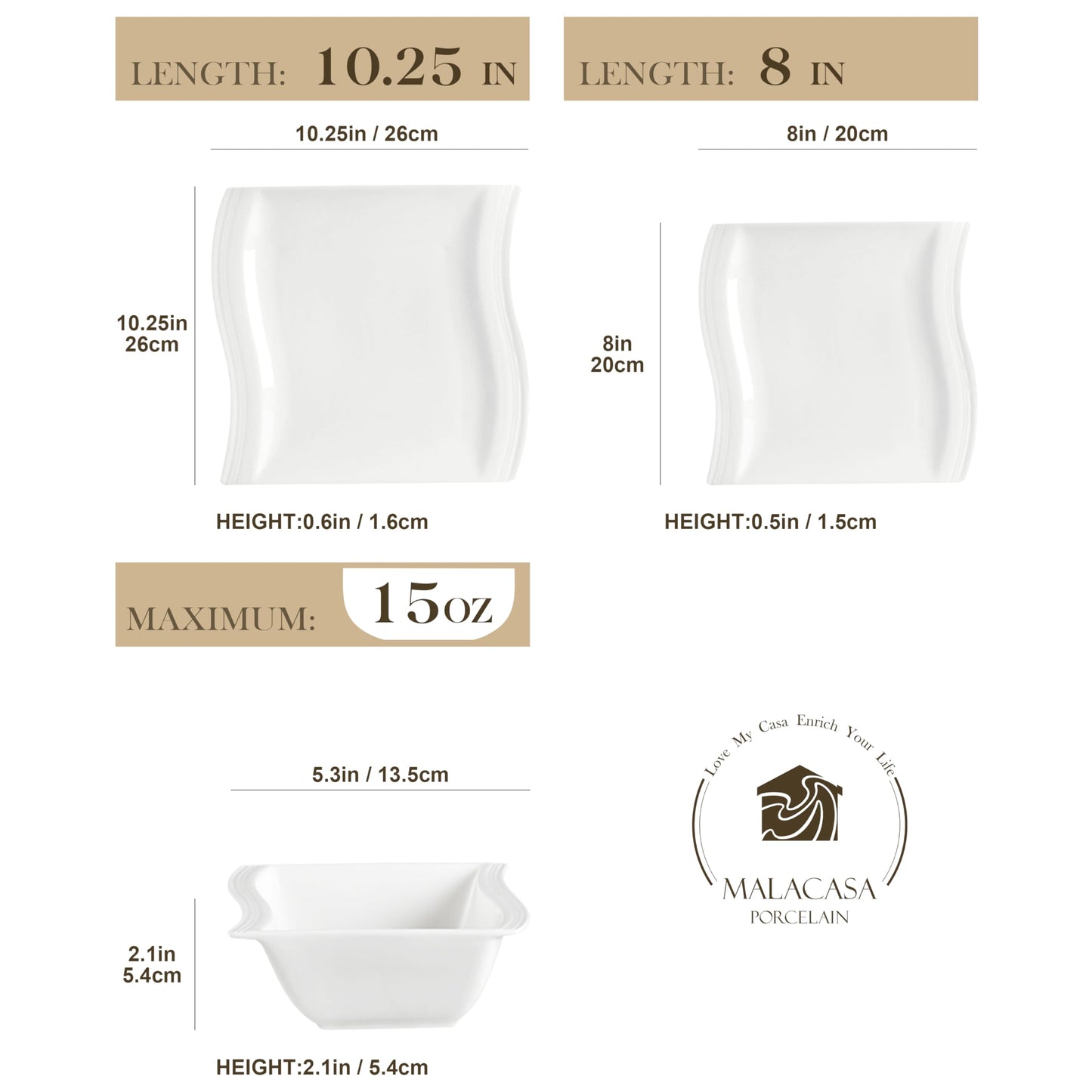 Dinnerware Sets, 12-Piece Porcelain Plates and Bowls Sets, Square Marble