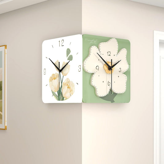 Double Sided Corner Wall Clock Silent Quartz Flower Hollow-Carved Design