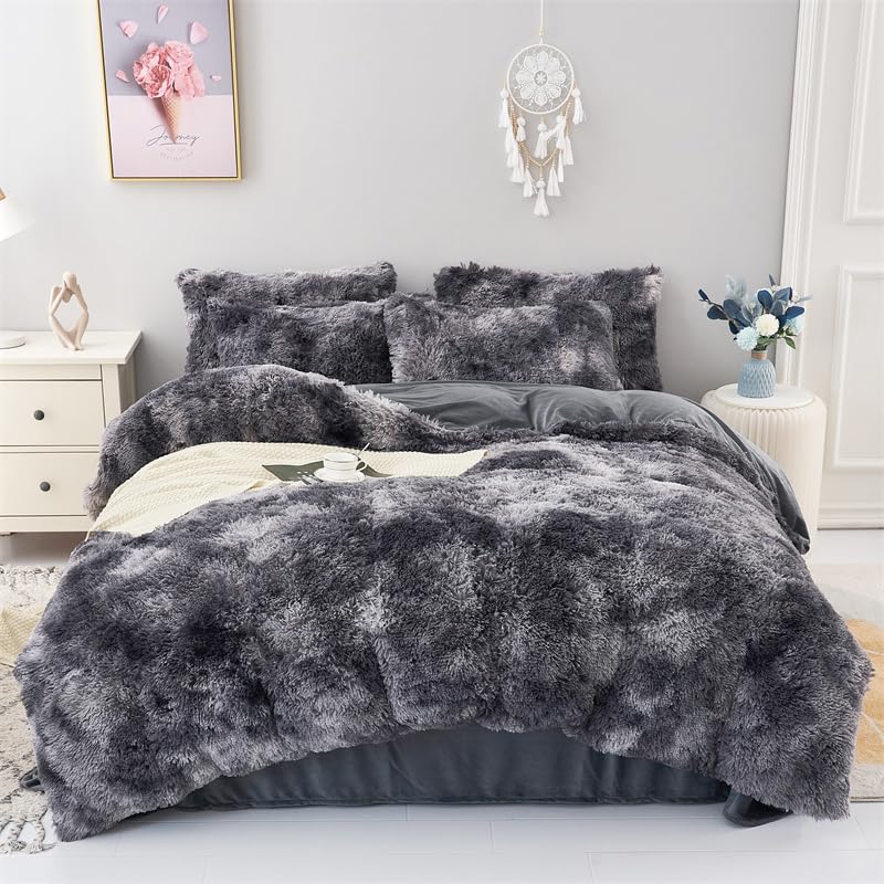 Faux Fur Tie-dyed Green Gray Black Colorful Comforter Sets Queen - 3PC Bed Set