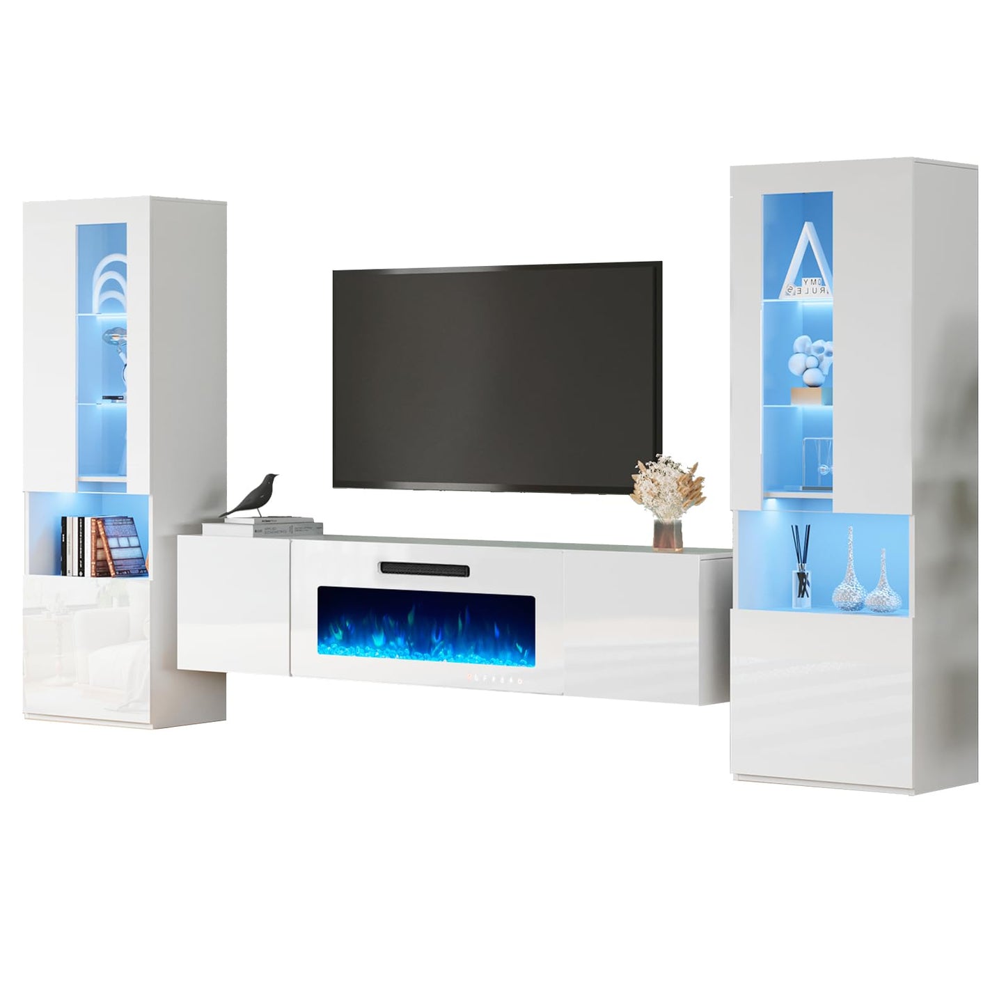 High Gloss Living Room Entertainment Center Including Floating Fireplace