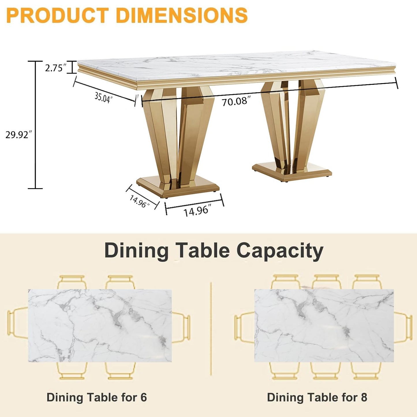 70 Inch White Marble Kitchen Table with Gold Mirrored Cabriole Legs