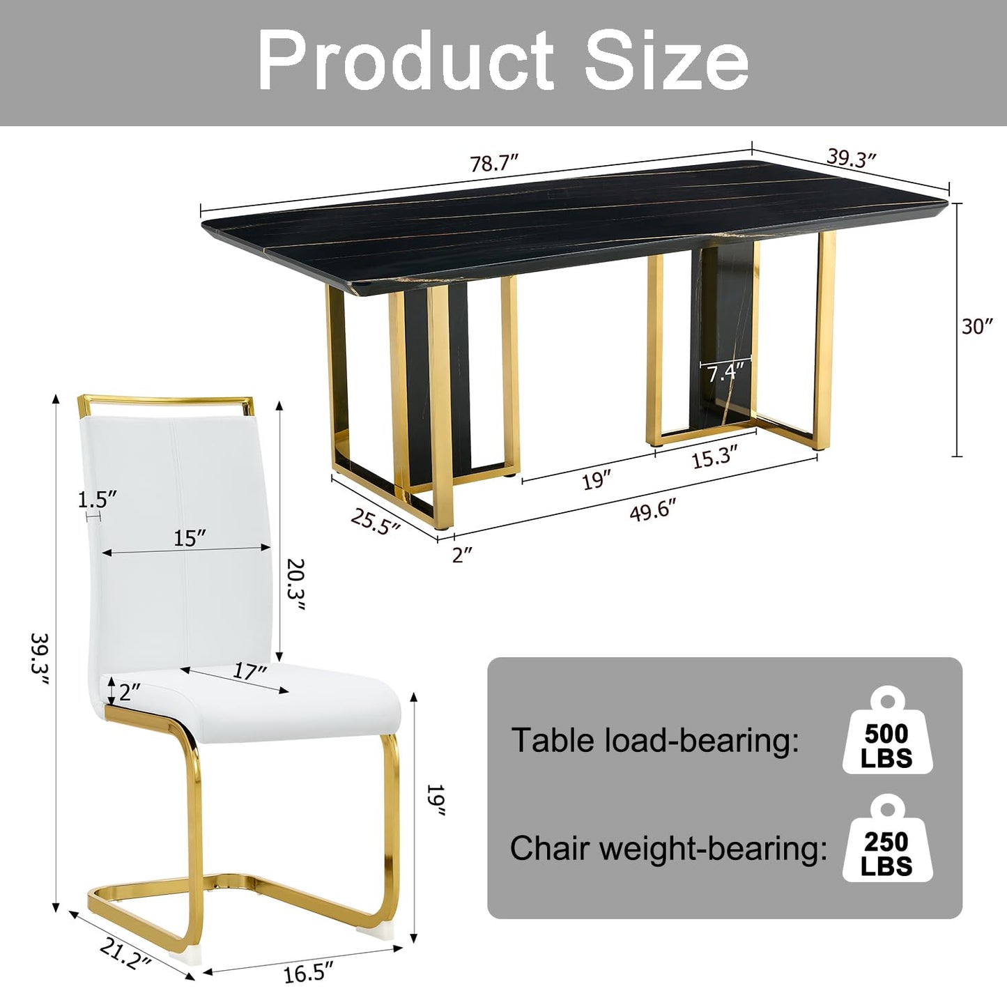 79" Black Modern Dining Table Set for 8,Black Golden Chairs