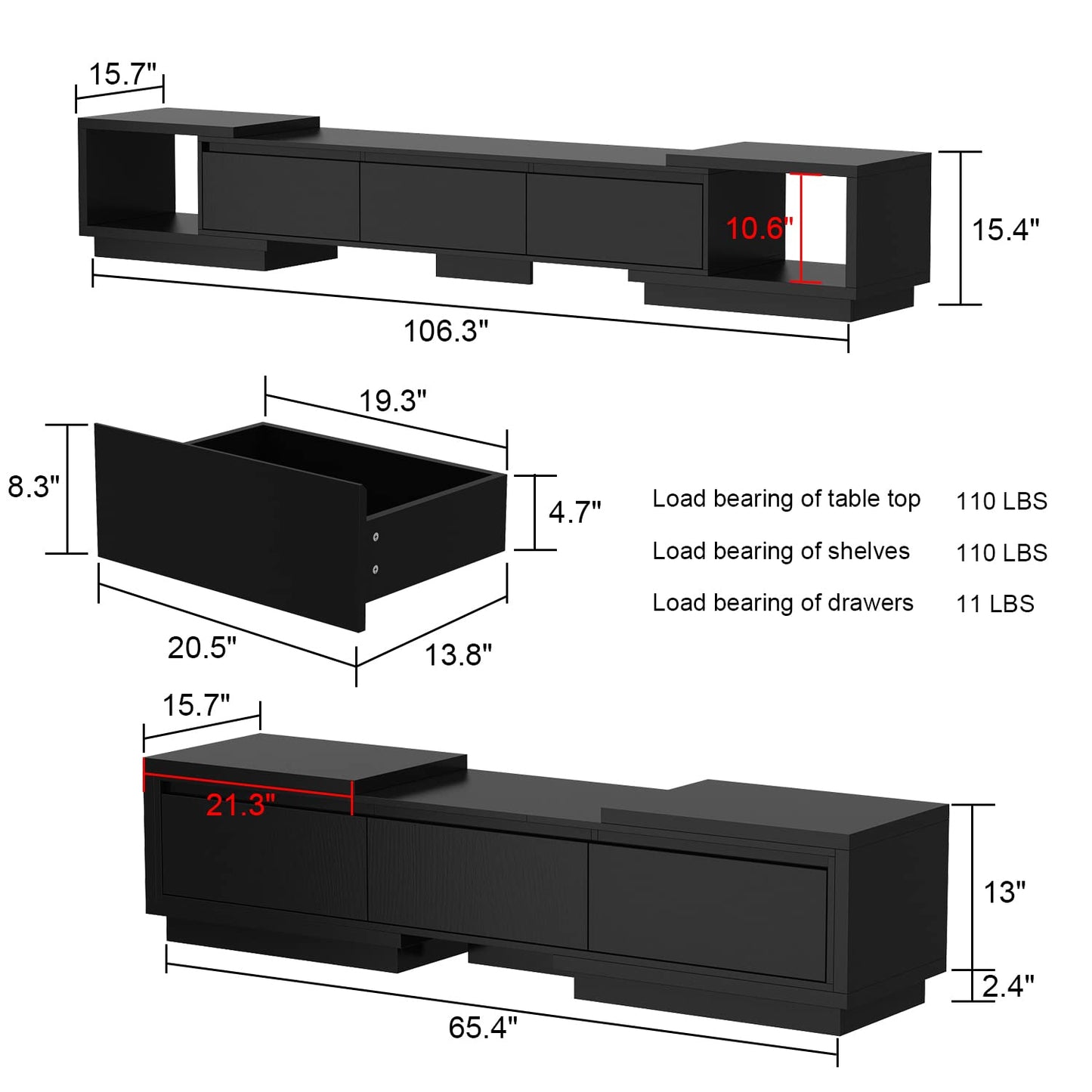 TV Stand with 4 Drawers, Extendable Gaming Entertainment Center