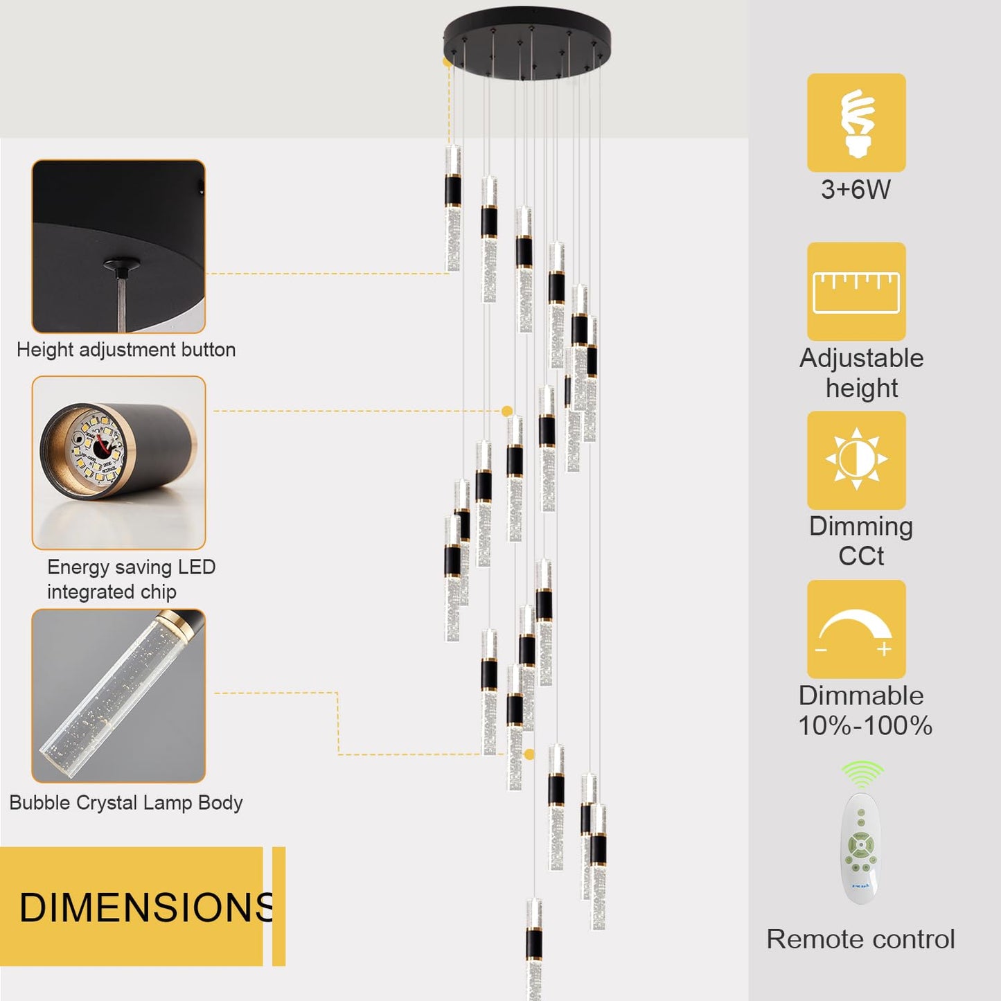 39.37" Larger Chandelier for High Ceilings, 7 Ring Dimmable with Remote