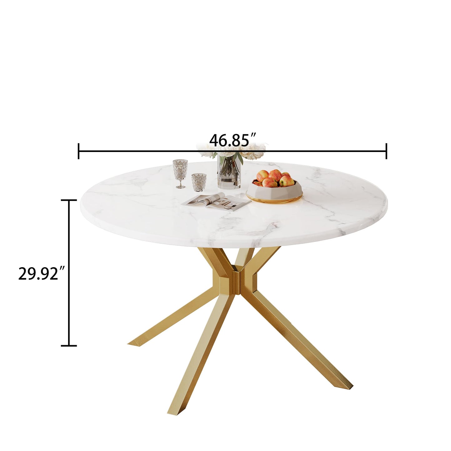 70 Inch White Marble Kitchen Table with Gold Mirrored Cabriole Legs