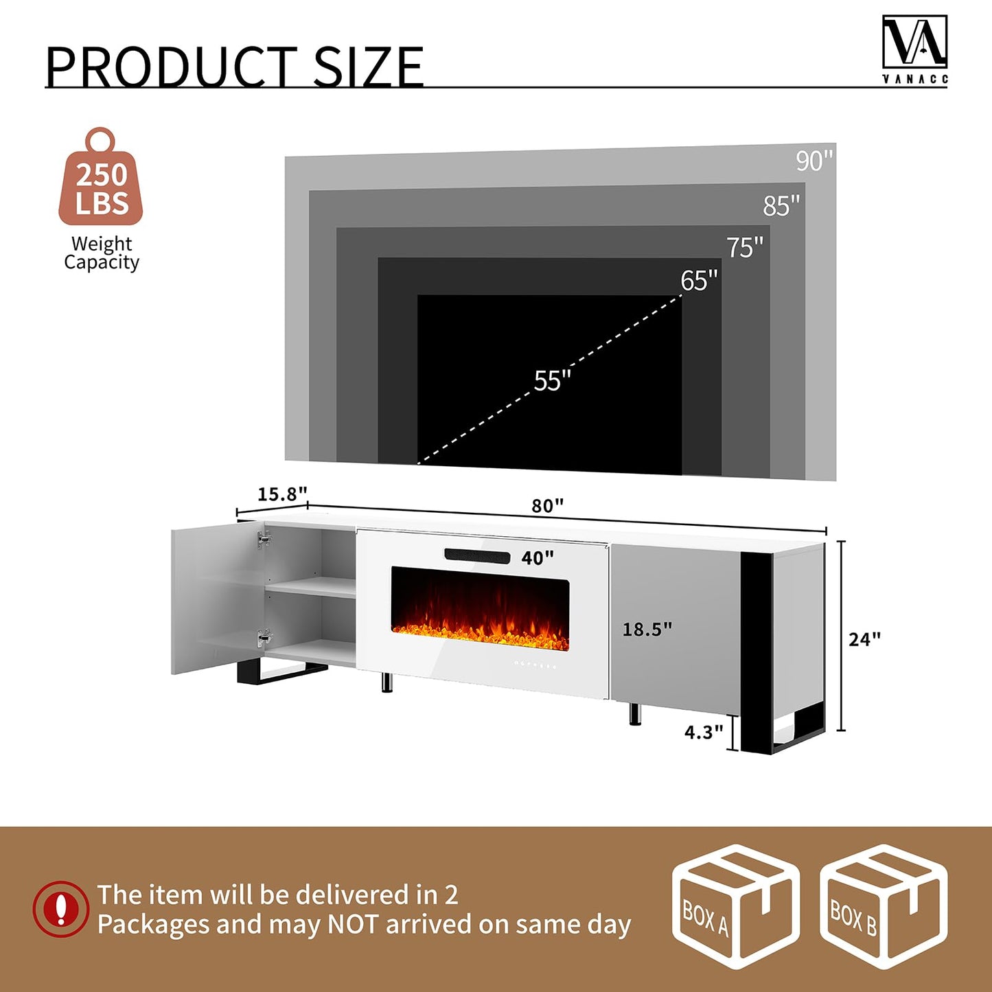 70" Fireplace TV Stand with 36" Electric Fireplace, High Gloss with LED Lights