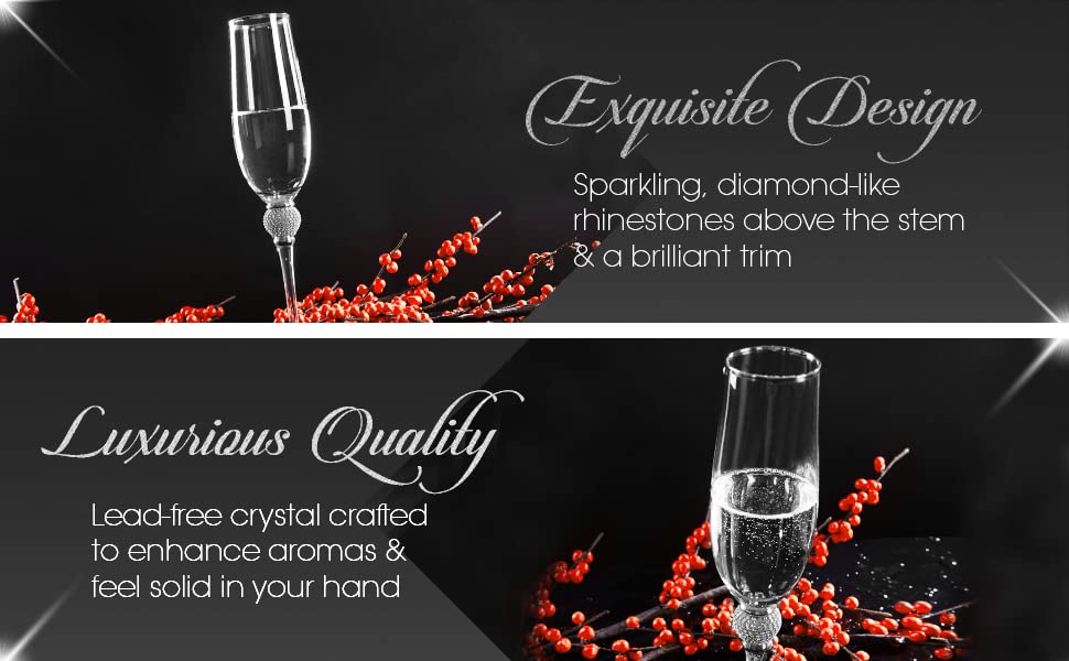 Crystal Champagne Glasses with Silver Rim & Dazzling Rhinestone Design