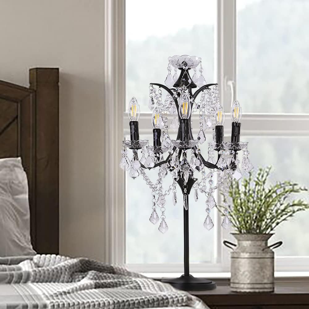 5-Light Crystal Table Lamp, Black Craft Candelabra Lighting