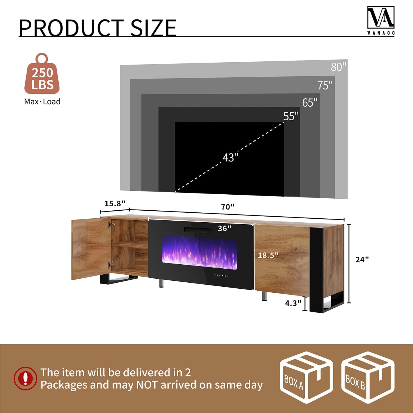 70" Fireplace TV Stand with 36" Electric Fireplace, High Gloss with LED Lights