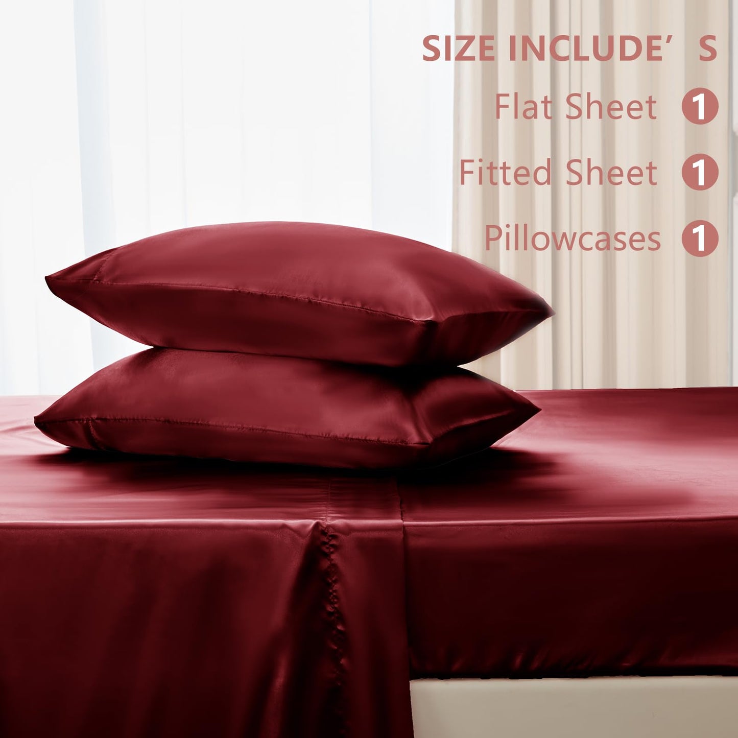 4 Piece Burgundy Bed Sheet Set with Silky Microfiber, 1 Deep Pocket Fitted Sheet