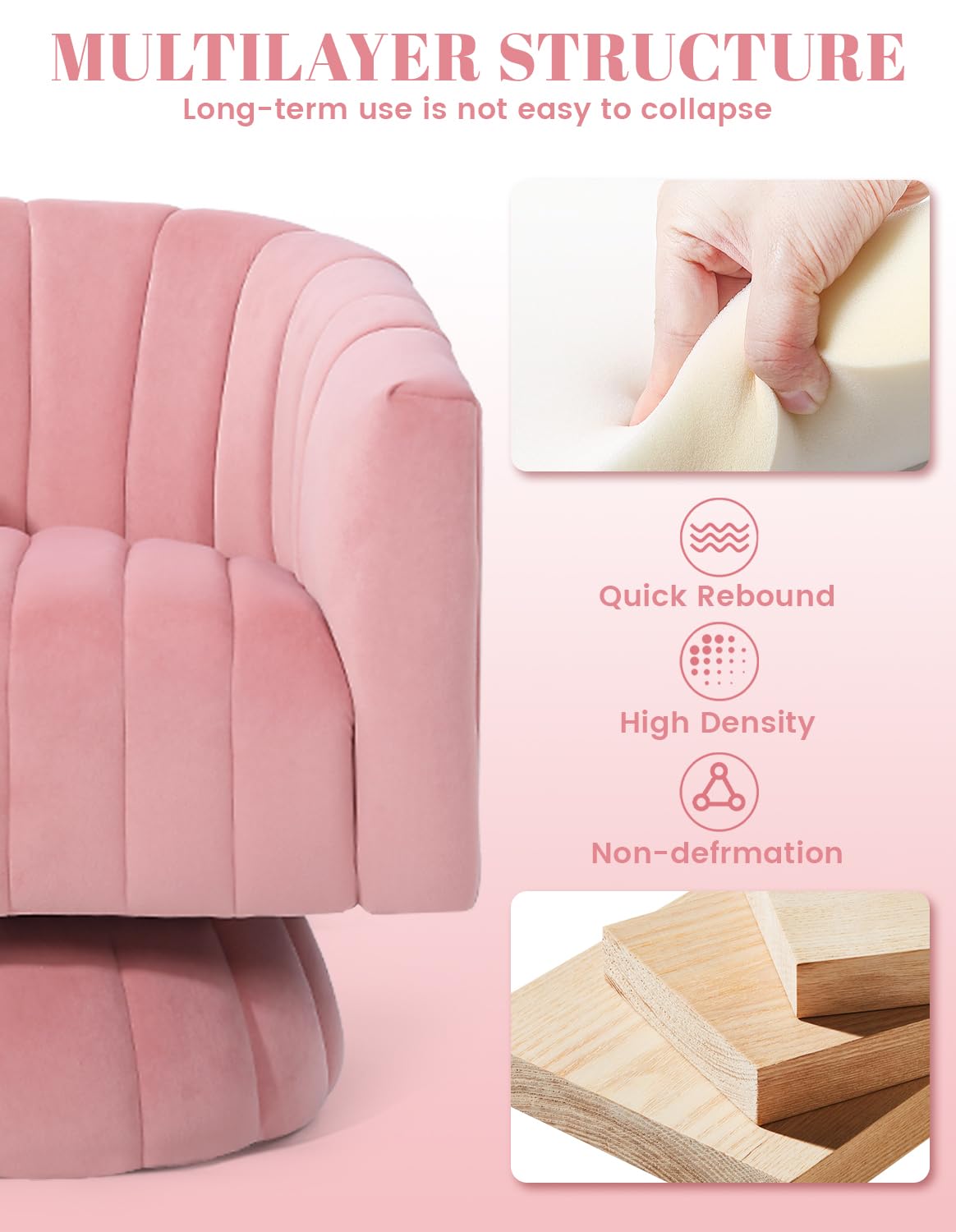 Swivel Barrel Chair with Armrest, Overstuffed Tufted Velvet, Pink