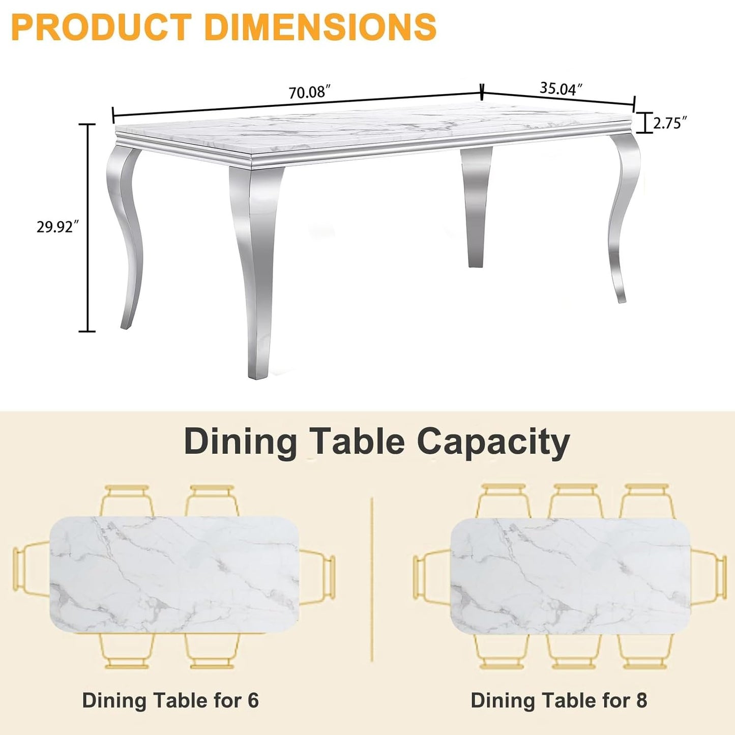 70 Inch White Marble Kitchen Table with Gold Mirrored Cabriole Legs