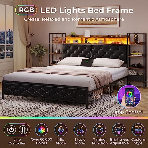 Queen Bed Frame with Storage Headboard and LED Lights