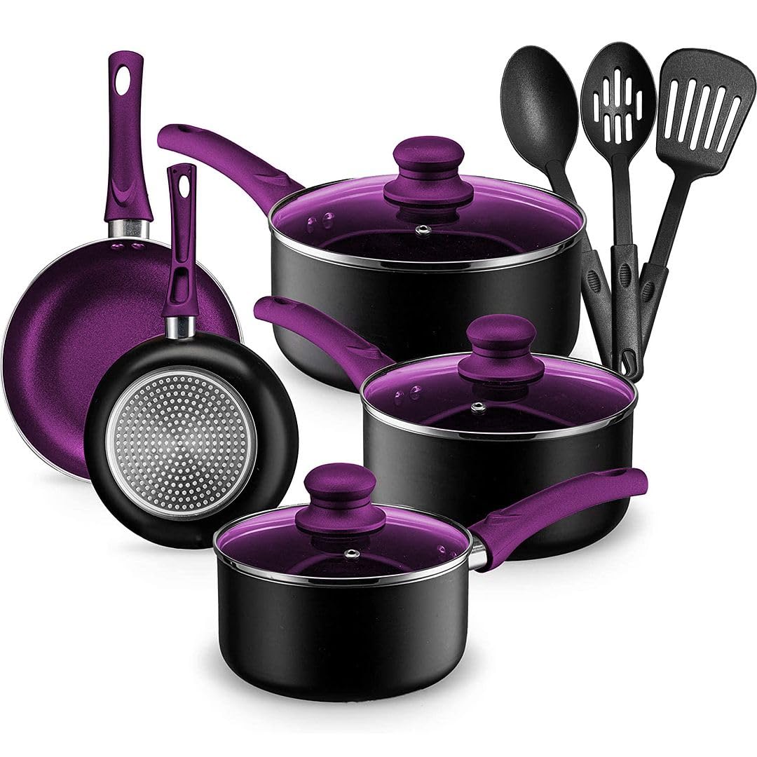 Pots And Pans Set Nonstick Aluminum Cooking Essentials 11 Pieces Purple