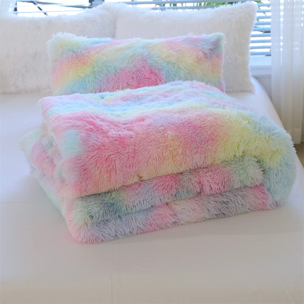 Faux Fur Tie-dyed Green Gray Black Colorful Comforter Sets Queen - 3PC Bed Set