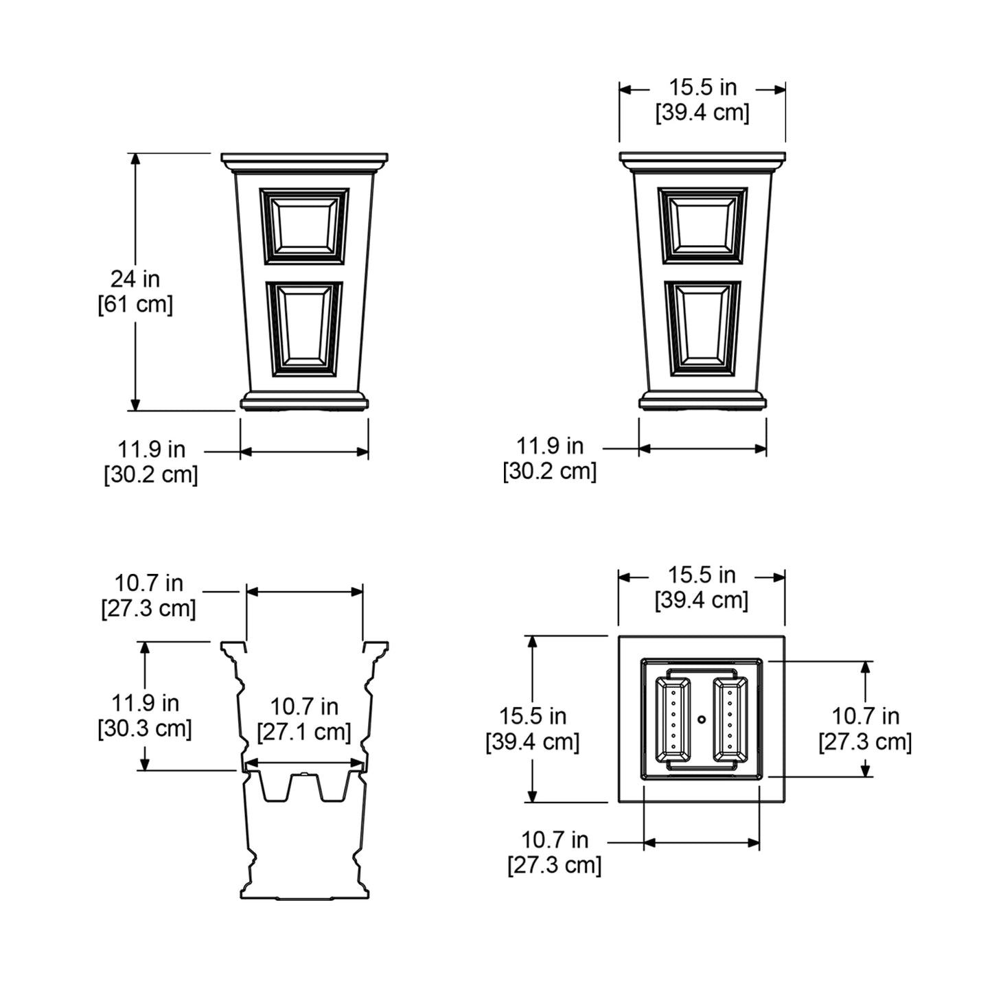 24in Tall Planter - 2 Pack - Black - Built-in Water Reservoir