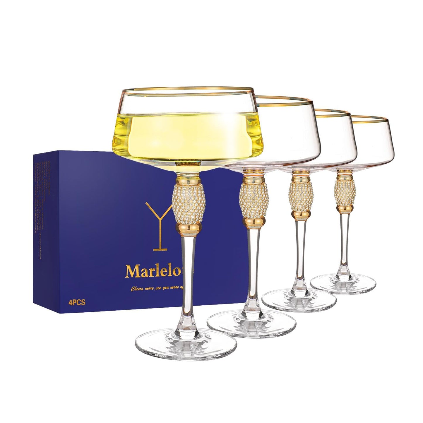 Martini Glasses, Gold Rimmed and Rhinestones, Luxury Glasses set of 4