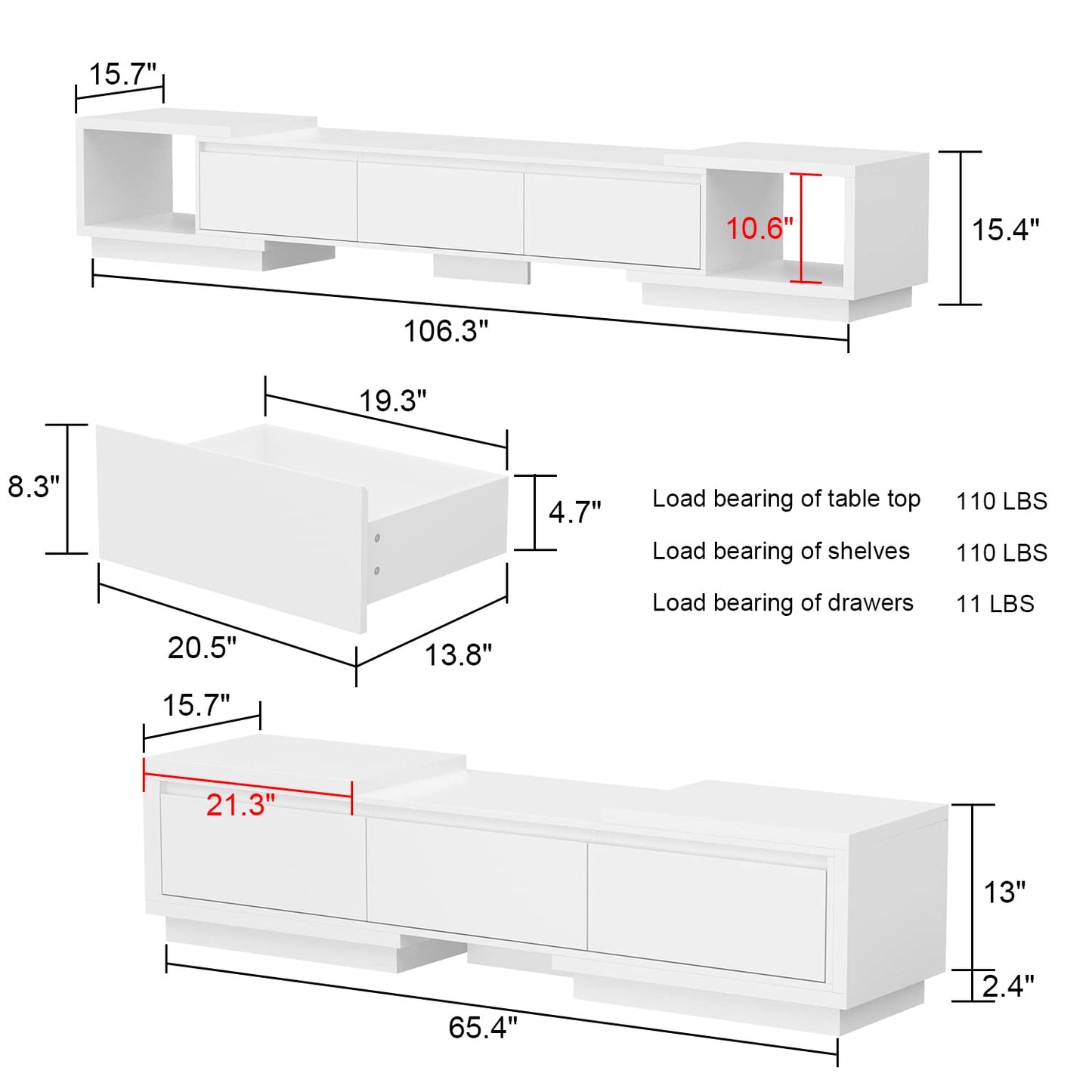 TV Stand with 4 Drawers, Extendable Gaming Entertainment Center