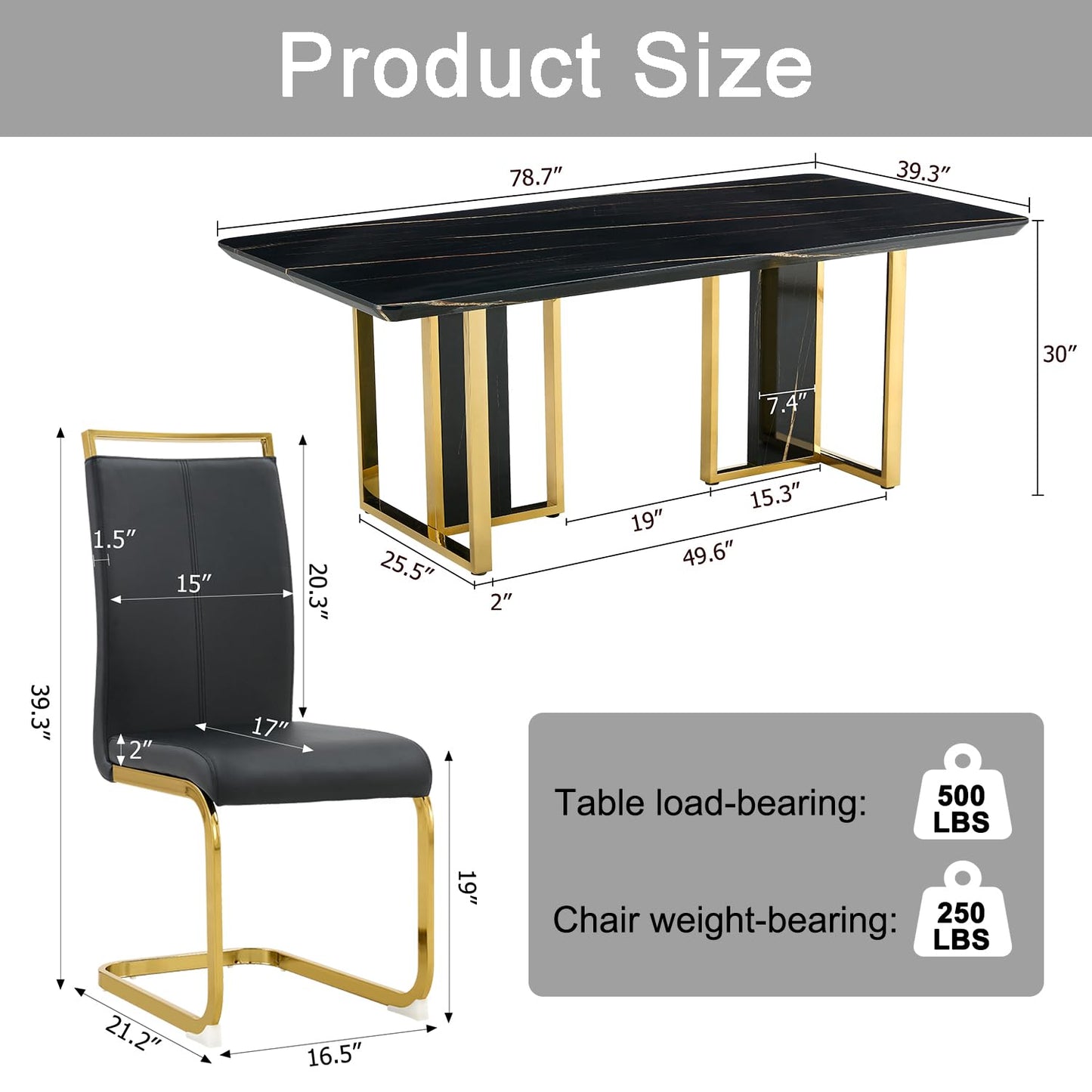 79" Black Modern Dining Table Set for 8,Black Golden Chairs