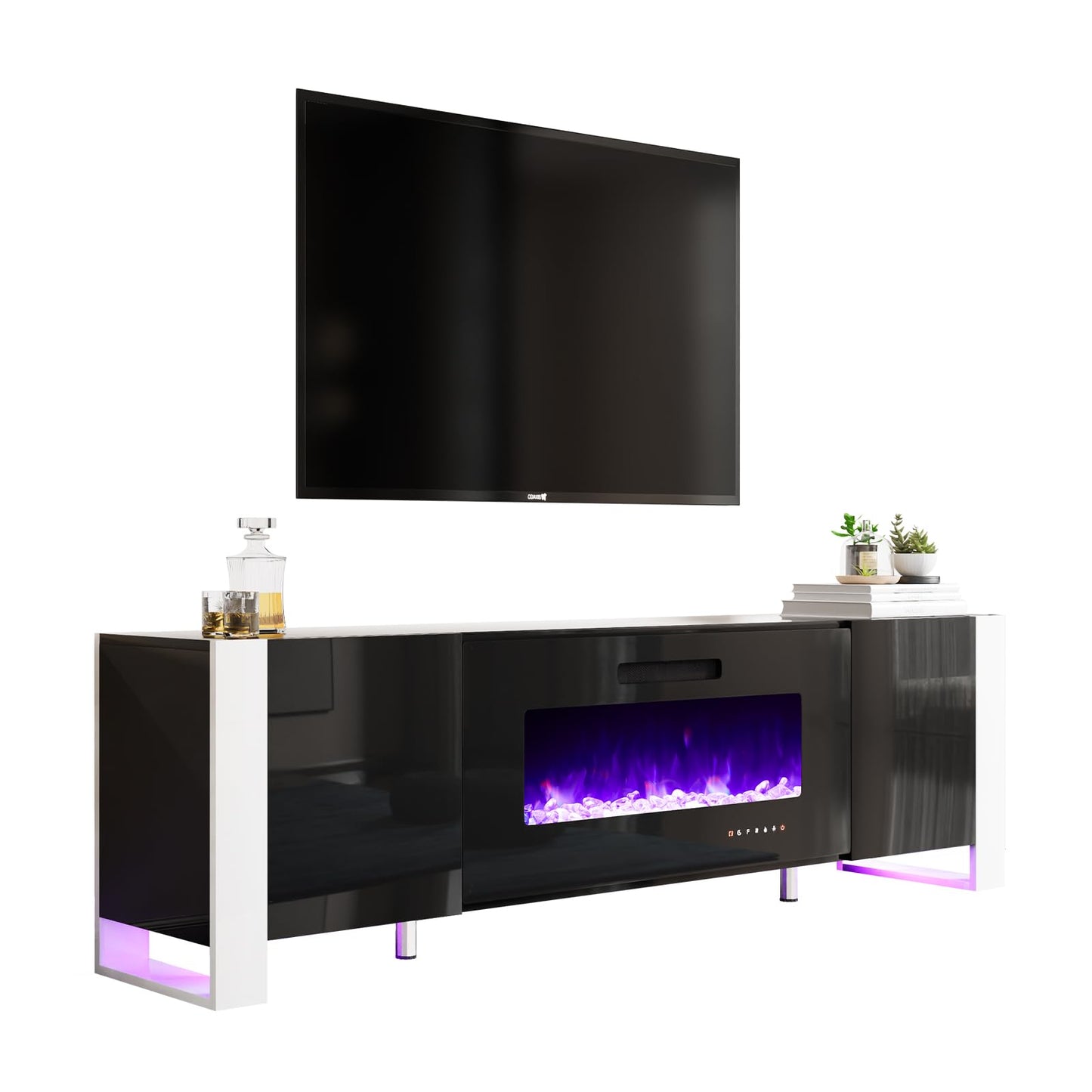 Fireplace TV Stand with 36" Fireplace, 70" Modern High Gloss Entertainment Center