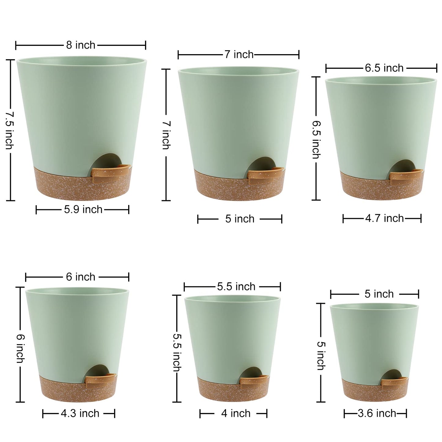 Indoor Self Watering Planters with Drainage Holes and Saucers, Black, 6 Pots