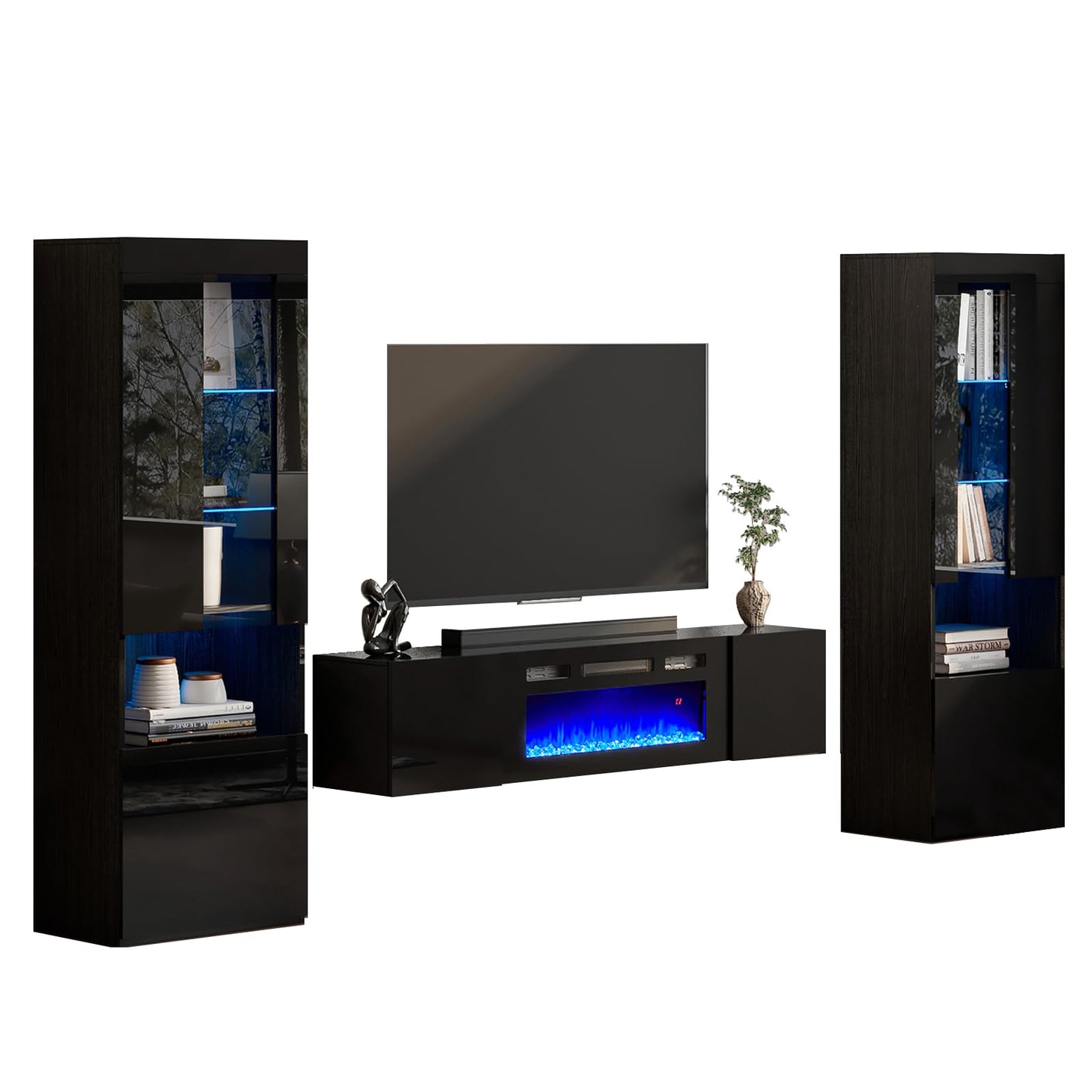 High Gloss Living Room Entertainment Center Including Floating Fireplace