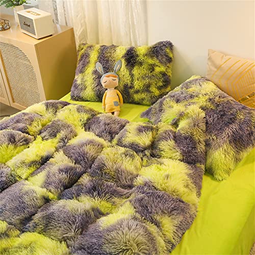 Faux Fur Tie-dyed Green Gray Black Colorful Comforter Sets Queen - 3PC Bed Set