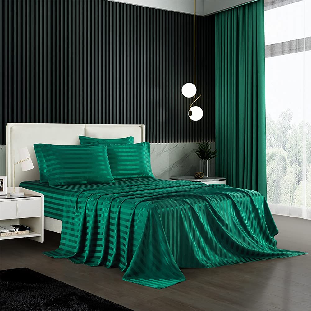 6 Piece Satin Italian Style Bed Sheet Set Deep Pocket Stripes 1800 Luxury Rich Silk