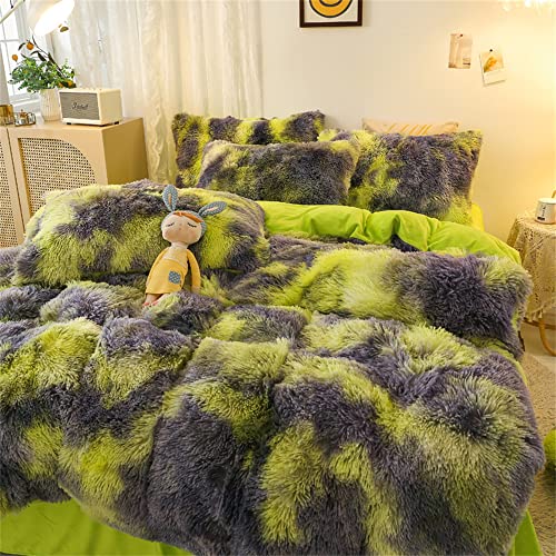 Faux Fur Tie-dyed Green Gray Black Colorful Comforter Sets Queen - 3PC Bed Set