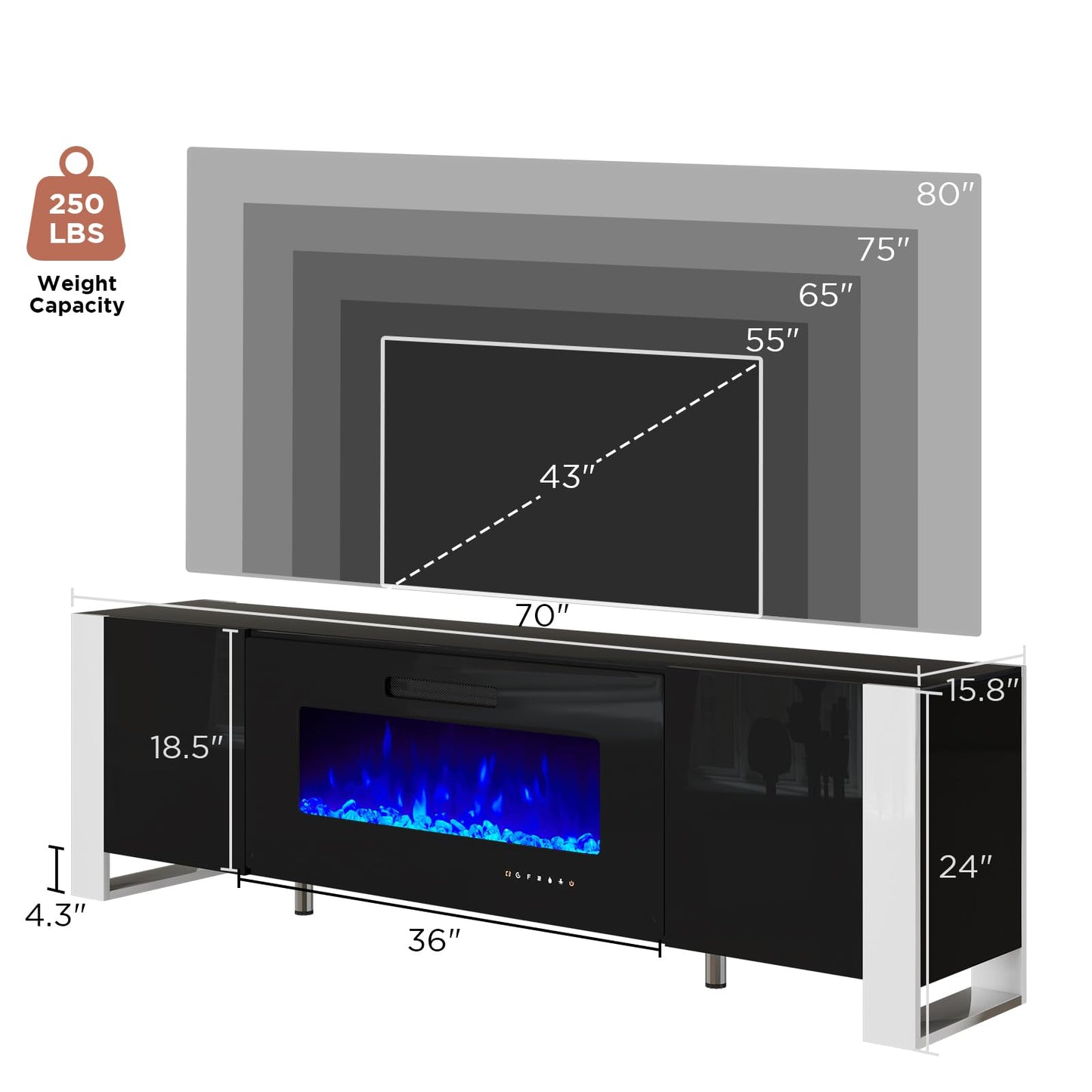 Fireplace TV Stand with 36" Fireplace, 70" Modern High Gloss Entertainment Center