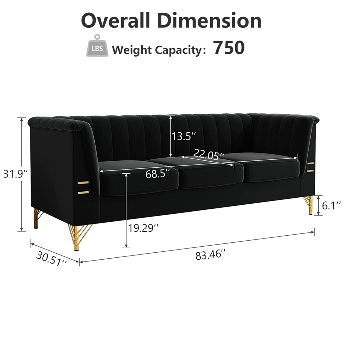 83" Chesterfield Button Tufted Sofa Velvet Upholstered Couch 3 Seat