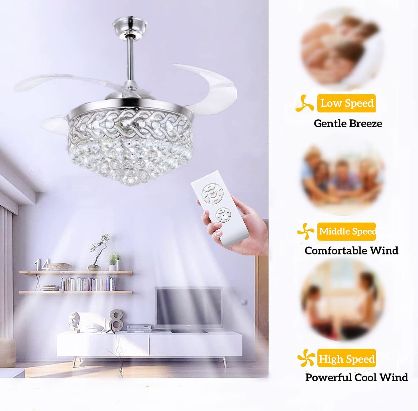 42" Crystal Ceiling Fan with LED Light and Remote Control