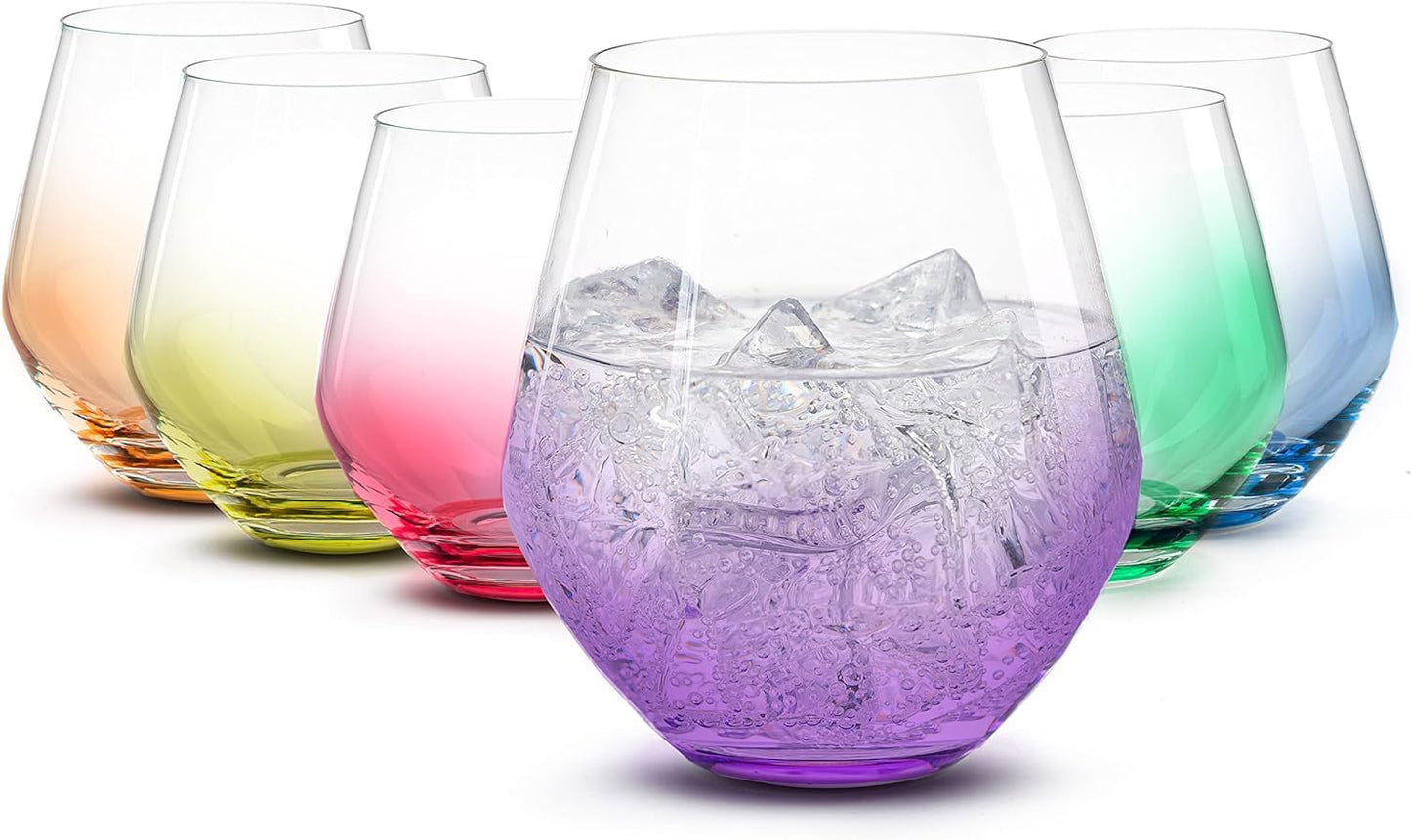 Handmade In Europe | 18oz Colored Stemless Crystal Wine Glasses set 6