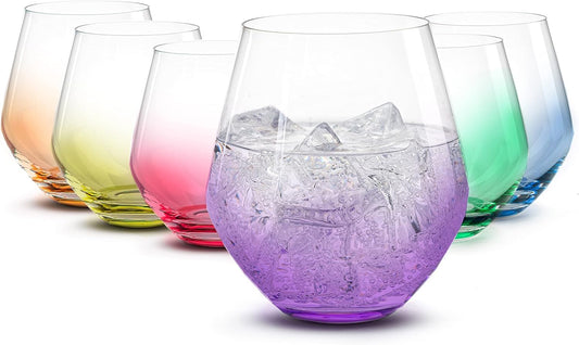 Handmade In Europe | 18oz Colored Stemless Crystal Wine Glasses set 6