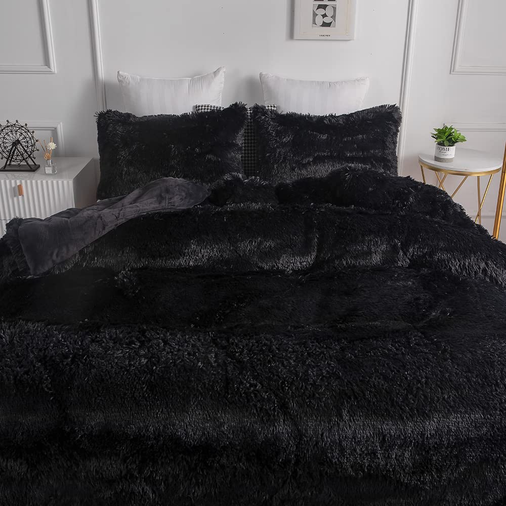 Faux Fur Tie-dyed Green Gray Black Colorful Comforter Sets Queen - 3PC Bed Set