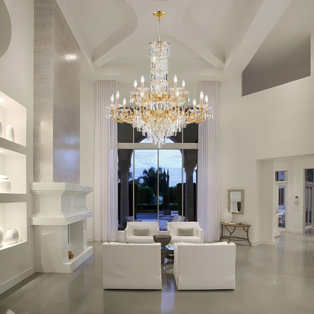 Gold Crystal Contemporary Chandelier, 2-Tier for High Ceiling