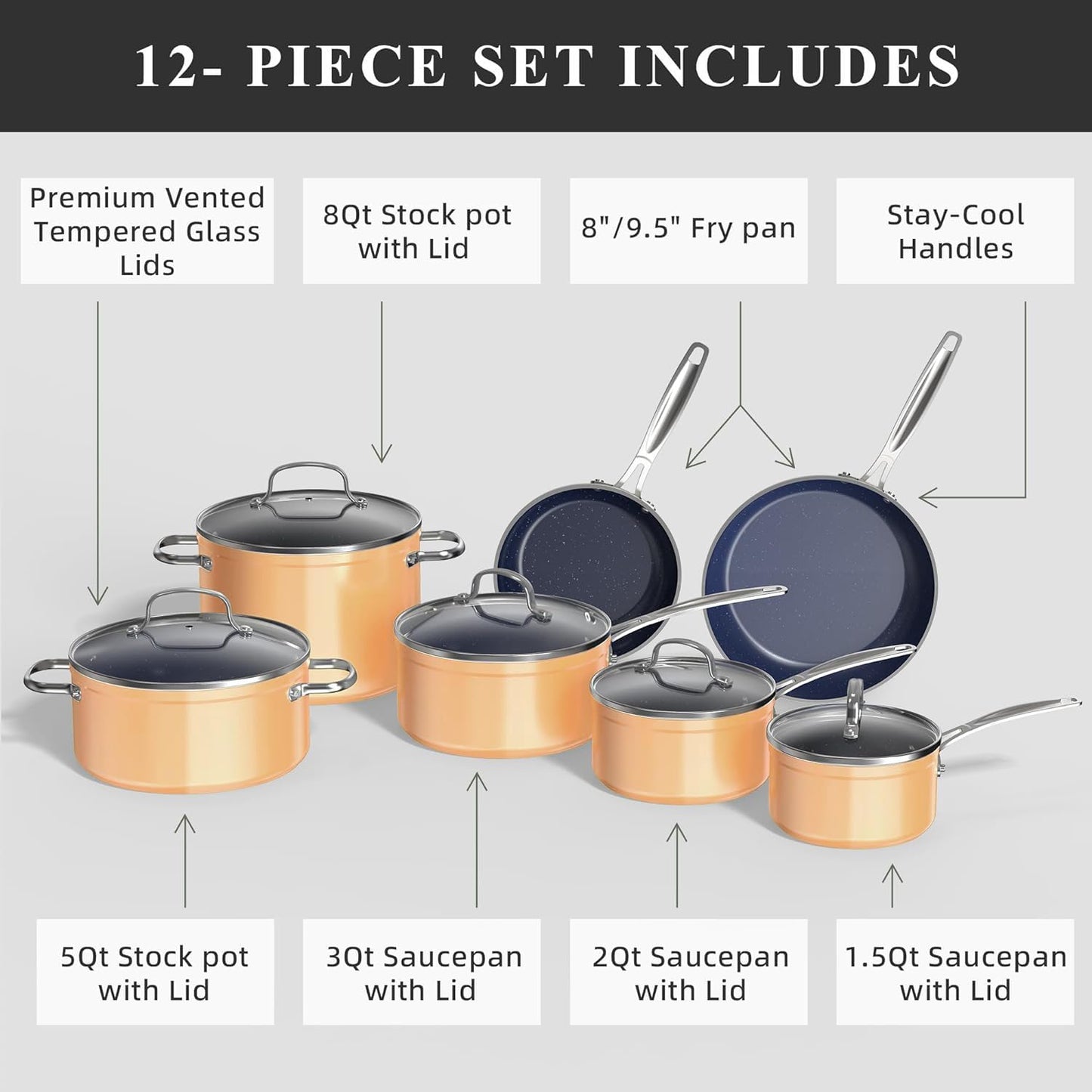 Ceramic Nonstick Cookware Set, Diamond Infused Scratch-Resistant