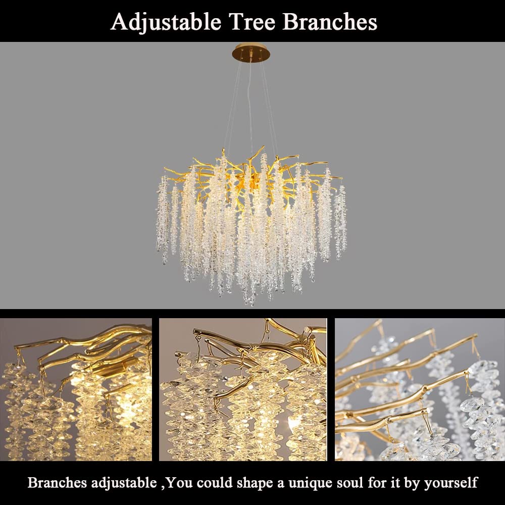 Modern Crystal Tree Branches Chandelier Gold Round Raindrop