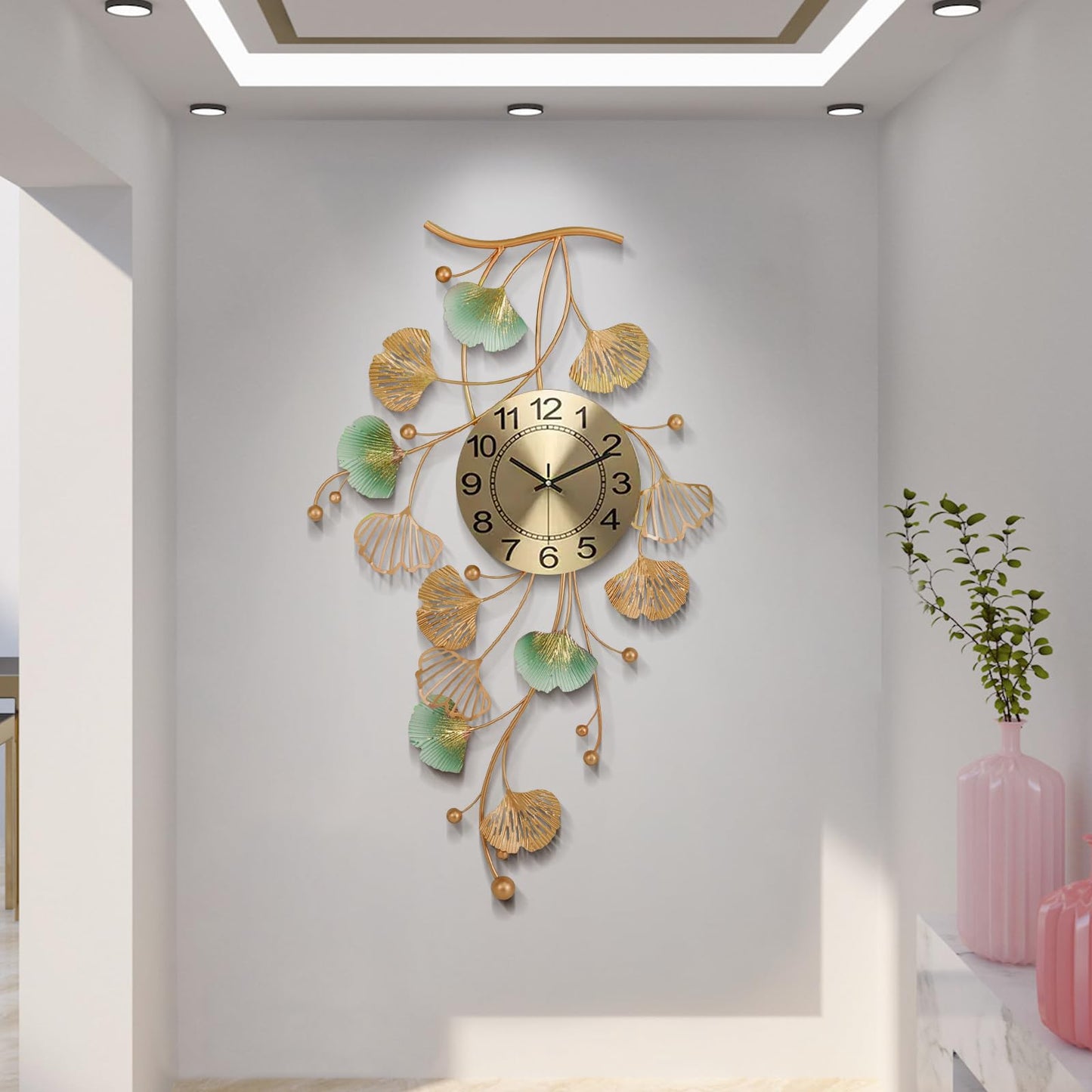 37 Inch Creative Metal Ginkgo Leaf Design Silent Non Ticking Gold Decoration Clocks