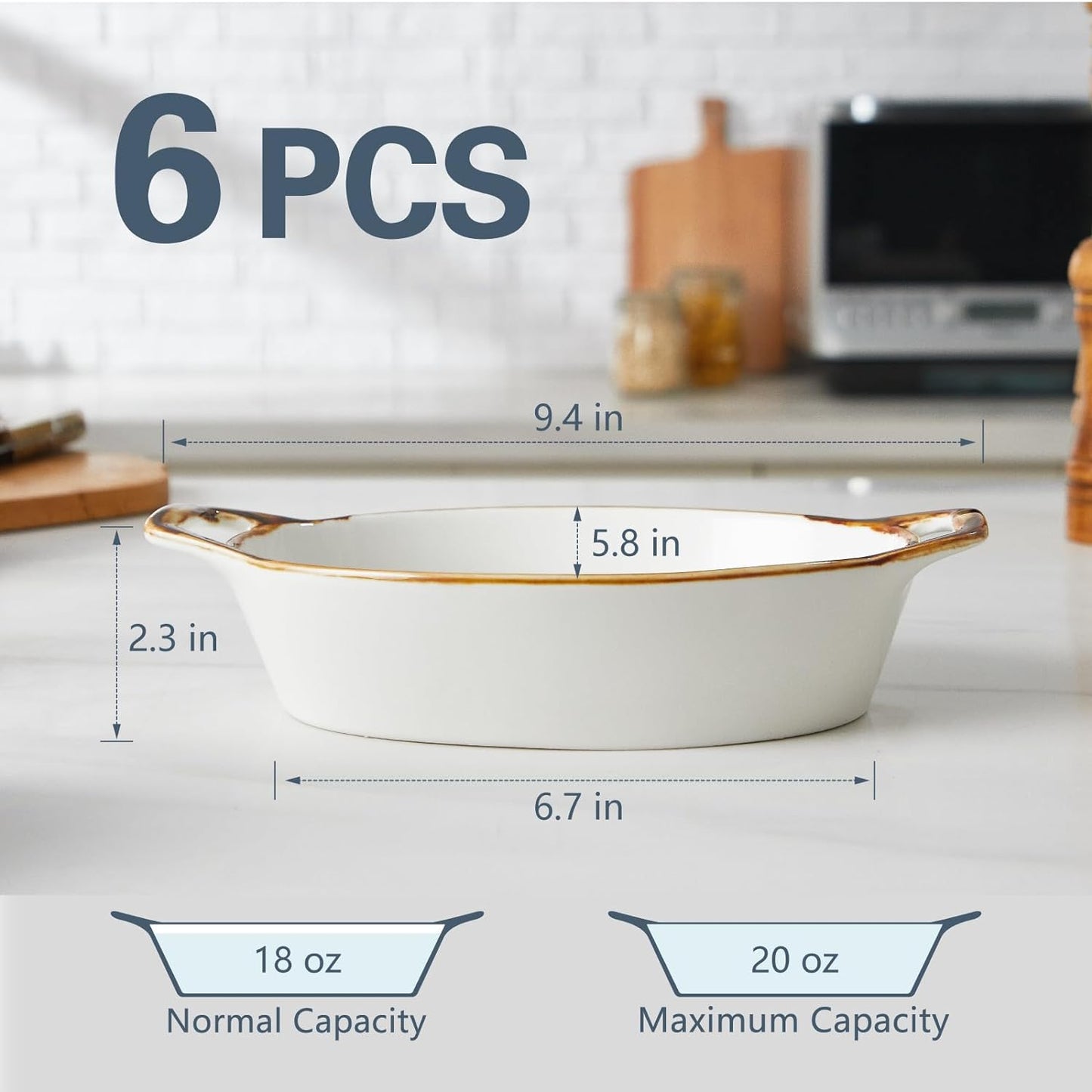 Au Gratin Baking Dishes, 20 oz Individual Casserole Dishes for Oven Safe Ceramic