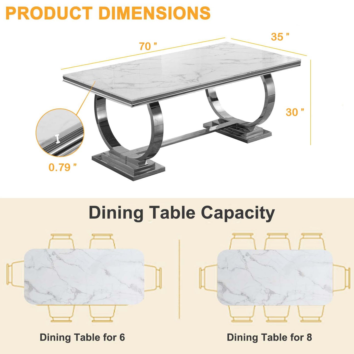 70 Inch White Marble Kitchen Table with Gold Mirrored Cabriole Legs