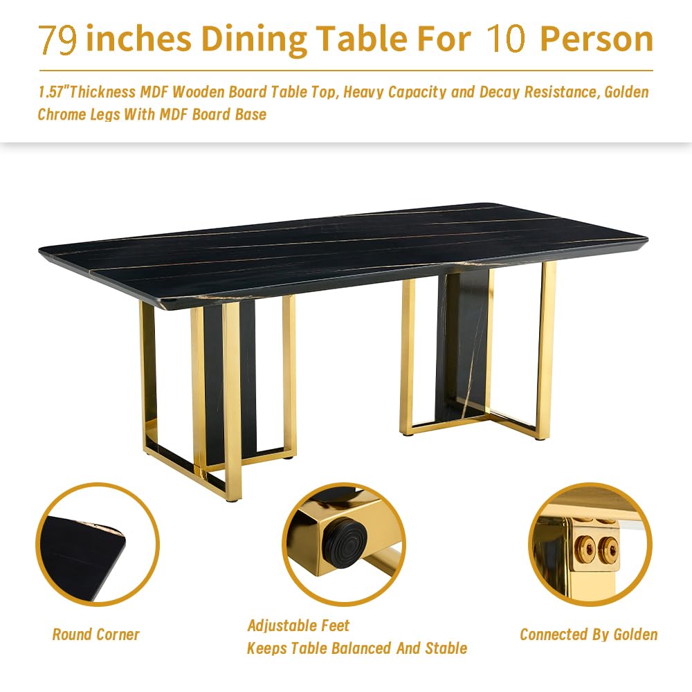 79" Black Modern Dining Table Set for 8,Black Golden Chairs