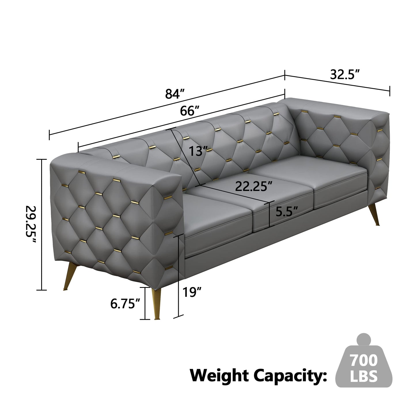 84'' Velvet Upholstered 3 Seater with Square Arms and Tufted Back, Mid-Century Modern