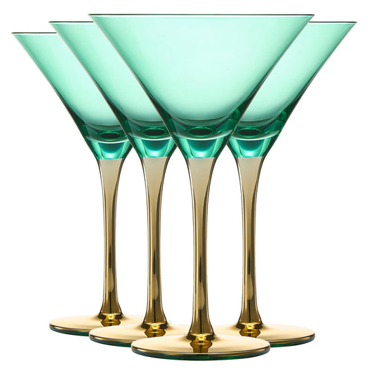 Colored Martini Art Deco Glasses, Gold | Set of 4 | 8 oz Classic Cocktail Glassware