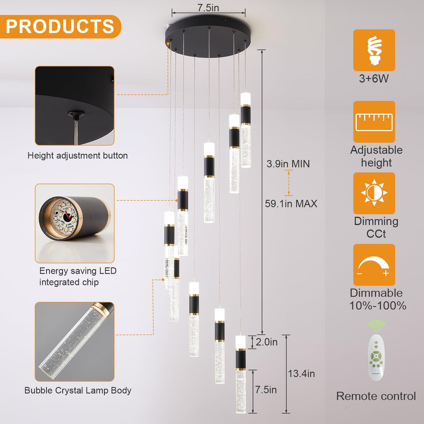 39.37" Larger Chandelier for High Ceilings, 7 Ring Dimmable with Remote