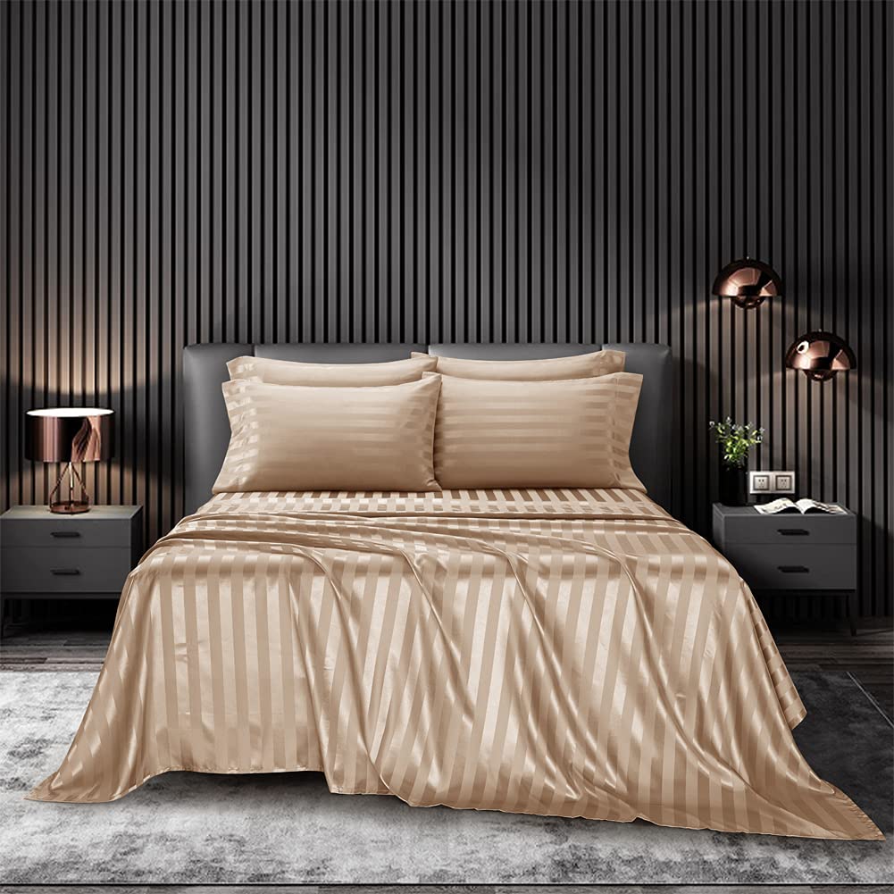 6 Piece Satin Italian Style Bed Sheet Set Deep Pocket Stripes 1800 Luxury Rich Silk