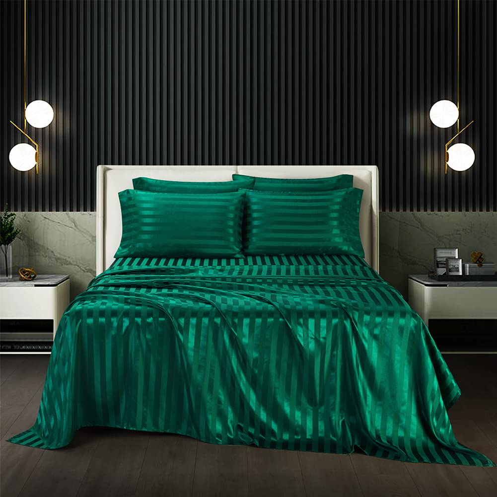 6 Piece Satin Italian Style Bed Sheet Set Deep Pocket Stripes 1800 Luxury Rich Silk