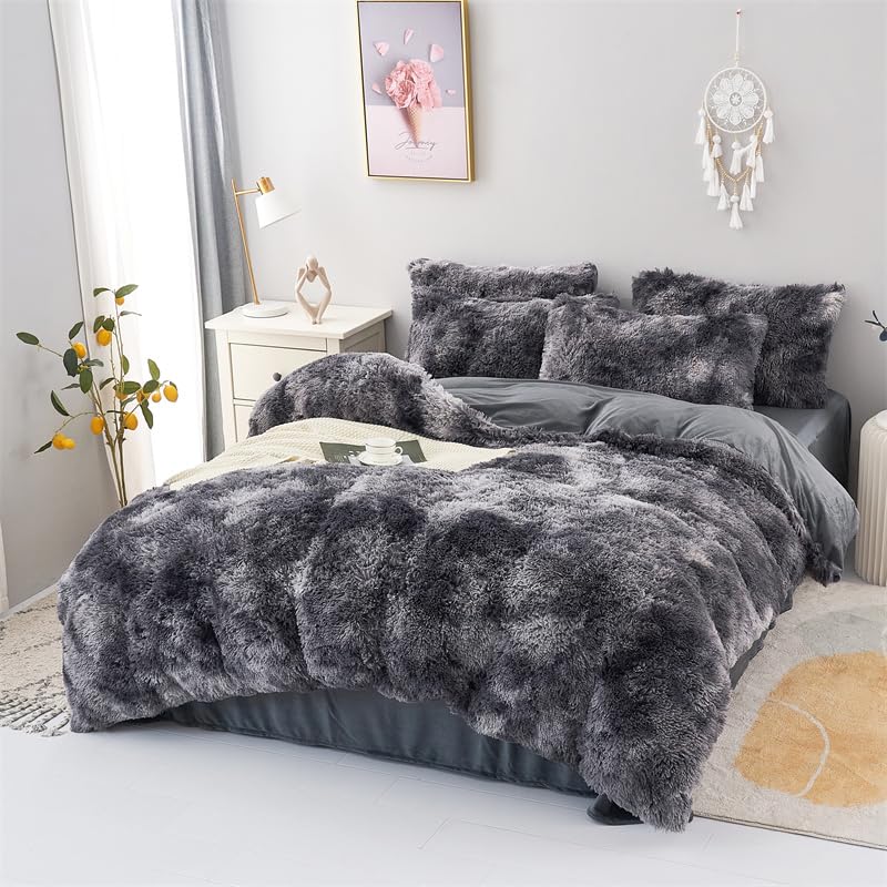 Faux Fur Tie-dyed Green Gray Black Colorful Comforter Sets Queen - 3PC Bed Set