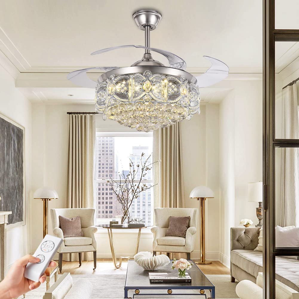 42" Crystal Chandelier Ceiling Fan and Remote, Gold Luxury Fan