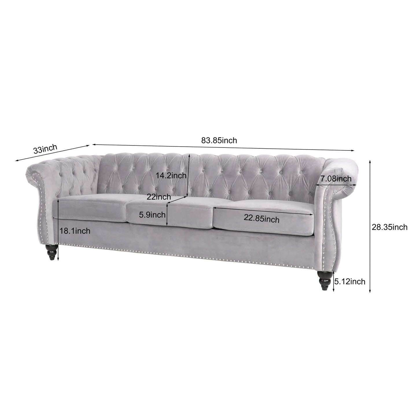 Velvet Chesterfield Sofa, 84 inch Modern Tufted 3 Seater Couch